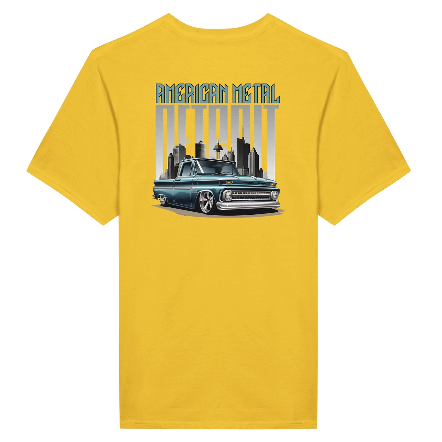 a yellow t - shirt with an image of an old car