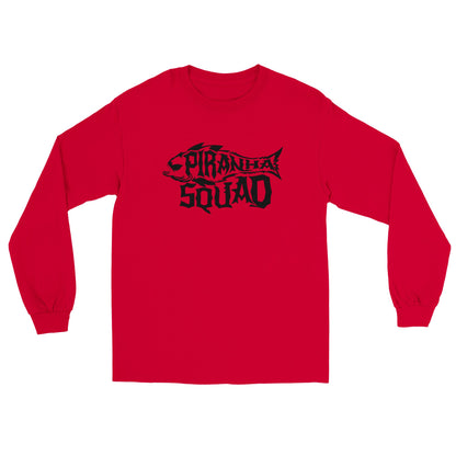 a red long sleeve shirt with a black logo