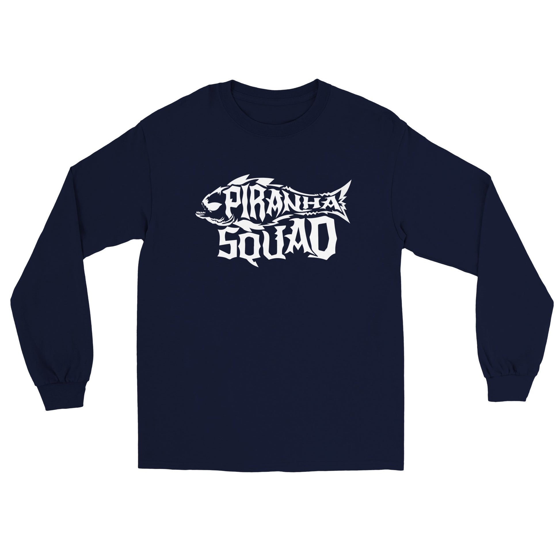 a navy long sleeve shirt with a white logo