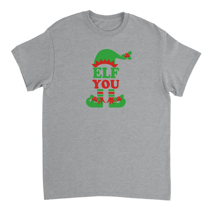 a grey t - shirt with an elf's hat and elf's legs