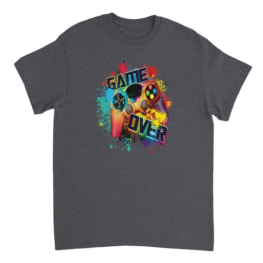 a gray t - shirt with a game over design on it