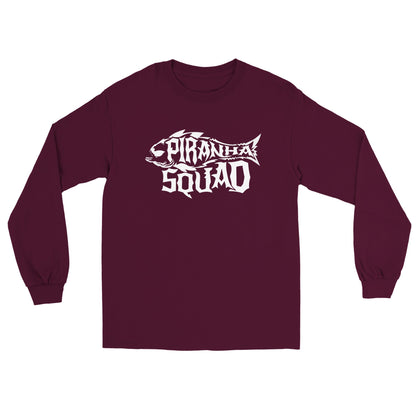 a maroon long sleeve shirt with a white logo