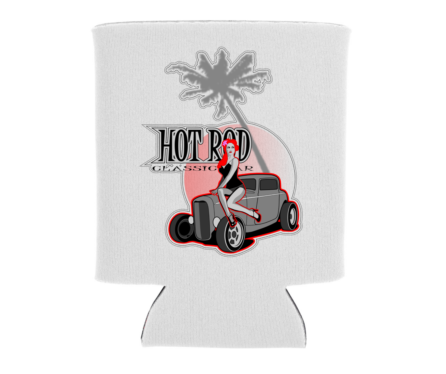 Hot Rod and a Red Head on the Beach - Can Cooler Koozie - Mister Snarky's