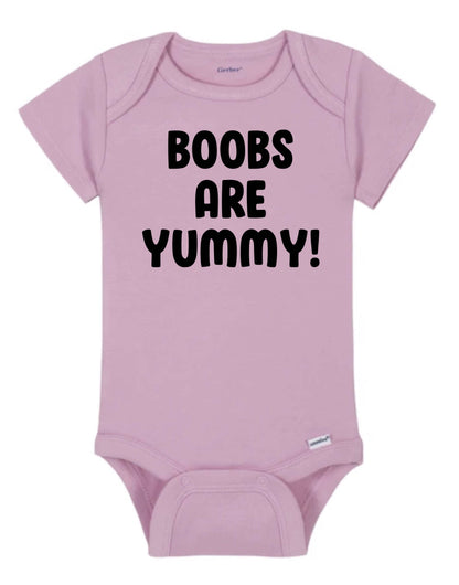 Boobs Are Yummy - White, Pink or Blue Onesie - Mister Snarky's