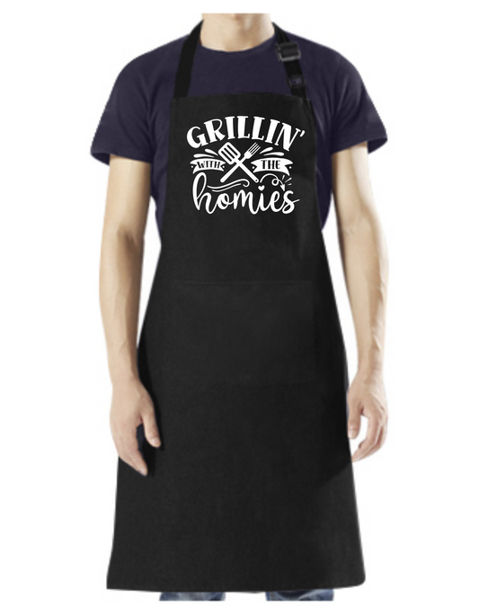 Grillin' with my Homies - Apron with Pockets, and Adjustable Neck Black with White Design - Mister Snarky's