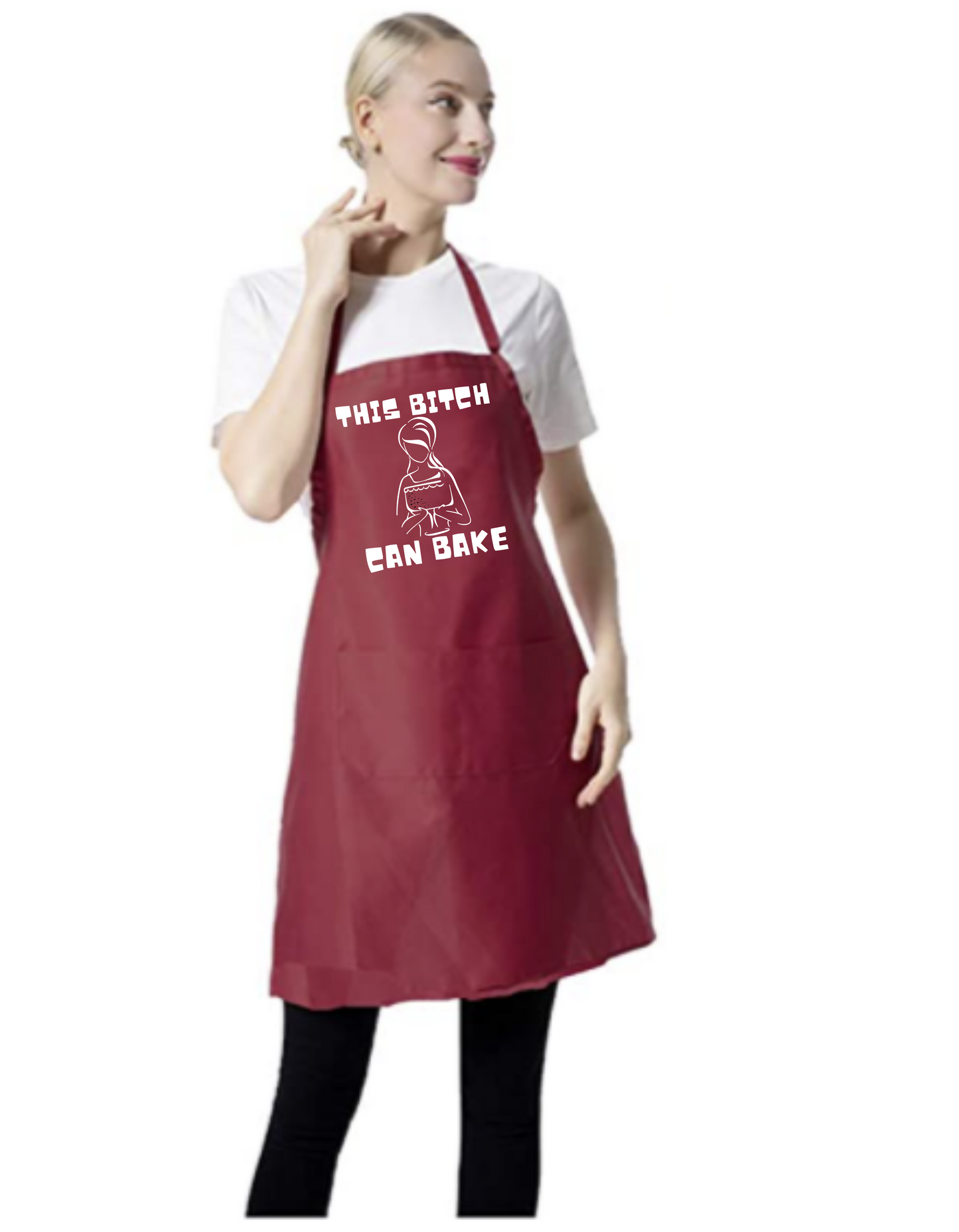This Bitch Can Bake - Deep Red Apron with Pockets and White Design - Mister Snarky's