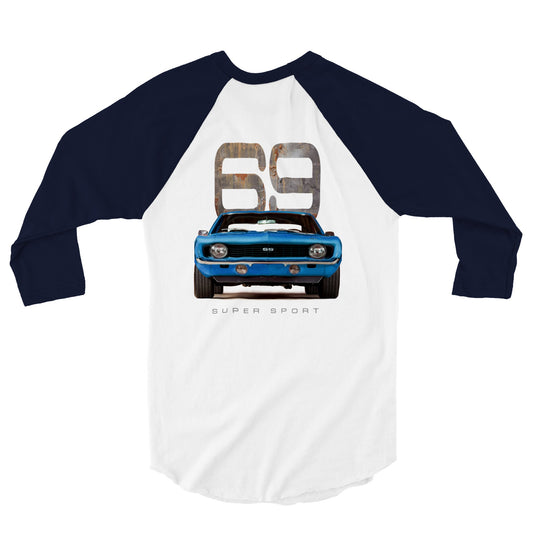 Classic Blue 69 Camaro Super Sport - Back Print - 3/4 sleeve Raglan T-shirt - Mister Snarky's