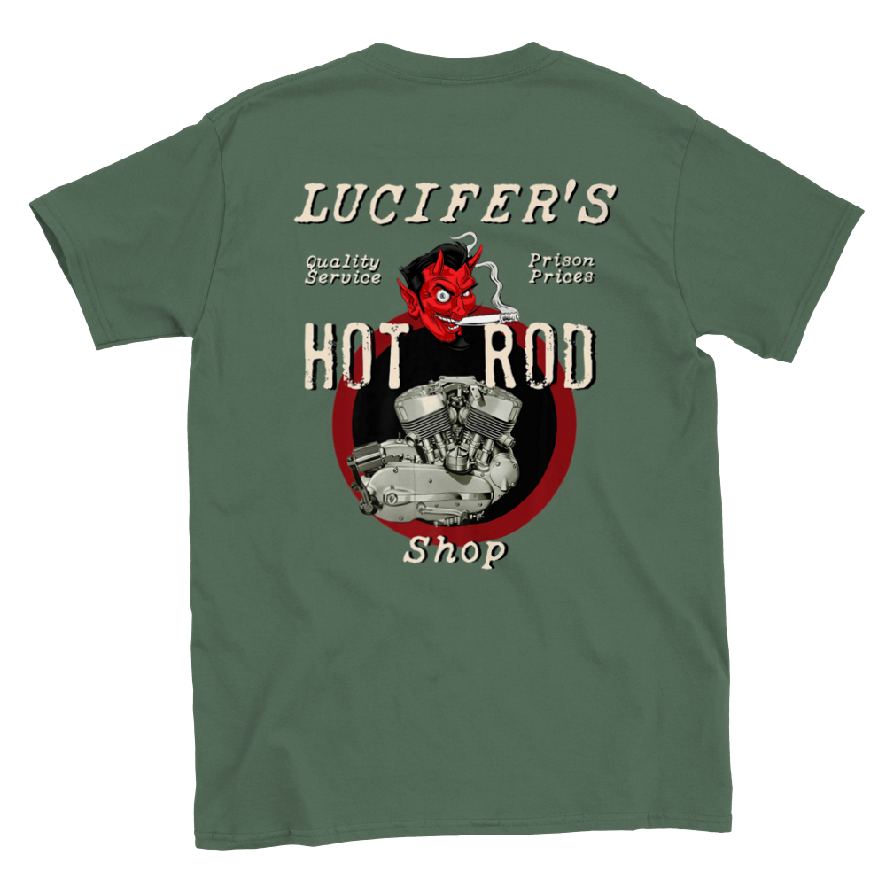 Lucifer's Hot Rod Shop - Back Print - Classic Crewneck T-shirt - Mister Snarky's