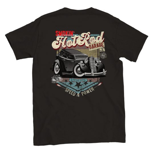 Smokin' Hot Rod Garage - Back Print - Classic Unisex Crewneck T-shirt - Mister Snarky's