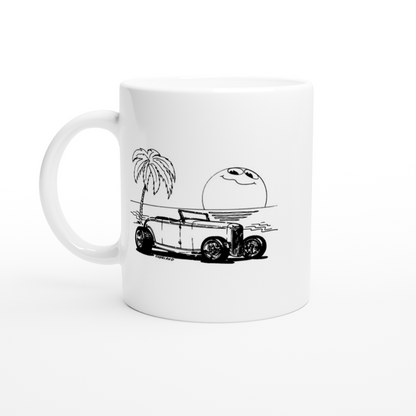 Hot Rod on the Beach at Sunset - White 11oz Ceramic Mug - Mister Snarky's