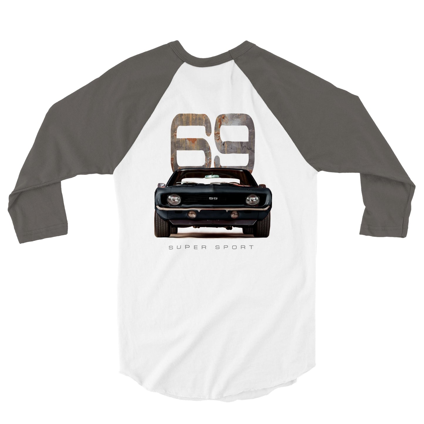 Classic Black 69 Camaro Super Sport - Back Print - 3/4 sleeve Raglan T-shirt - Mister Snarky's