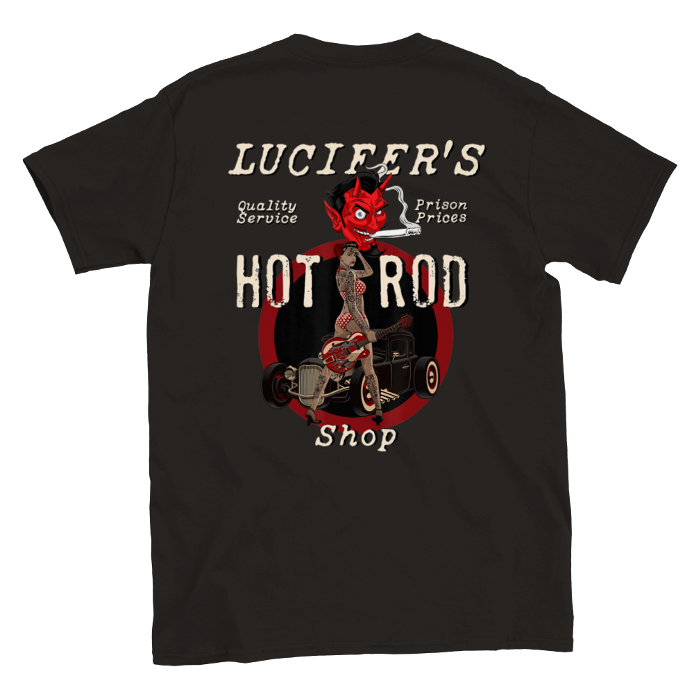 Lucifer's Hot Rod Shop - Back Print - Classic Unisex Crewneck T-shirt - Mister Snarky's