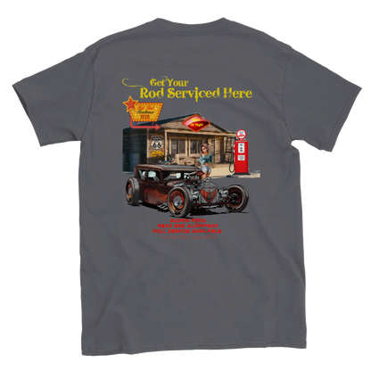 Get your Rod Serviced Here - Back Print - Classic Unisex Crewneck T-shirt - Mister Snarky's