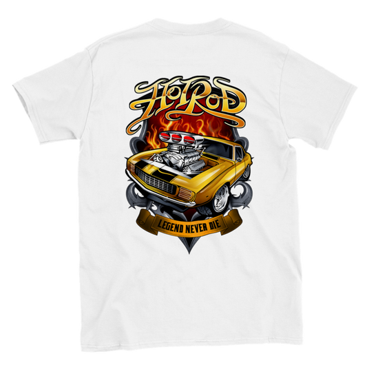 Hot Rod Camaro - Legends Never Die - Back Print - Classic Unisex Crewneck T-shirt - Mister Snarky's