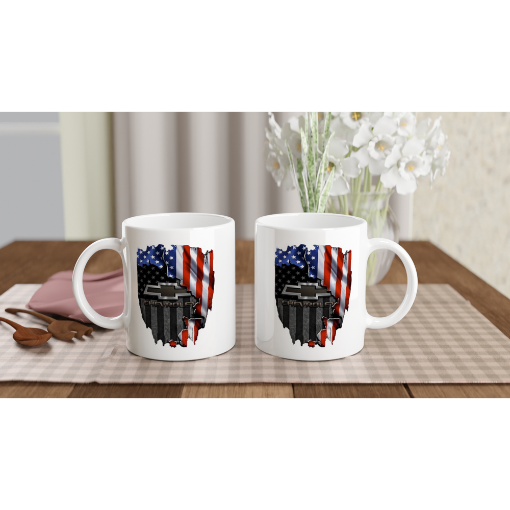 Chevy and the American Flag - White 11oz Ceramic Mug - Mister Snarky's