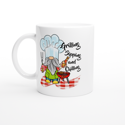 Grilling, Sipping, and Chilling - Gnome -White 11oz Ceramic Mug - Mister Snarky's