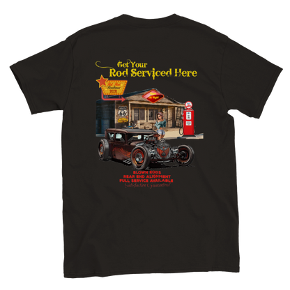 Get your Rod Serviced Here - Back Print - Classic Unisex Crewneck T-shirt - Mister Snarky's