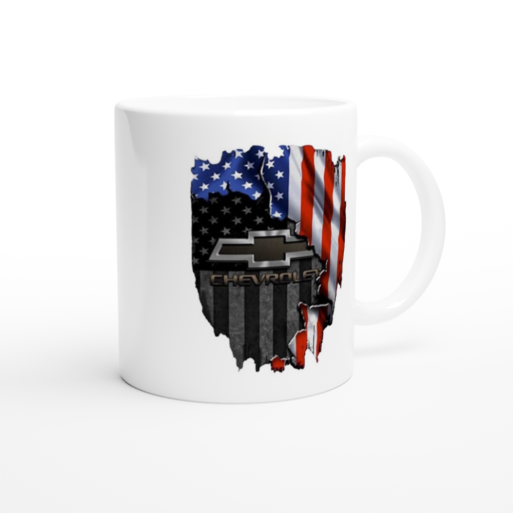 Chevy and the American Flag - White 11oz Ceramic Mug - Mister Snarky's