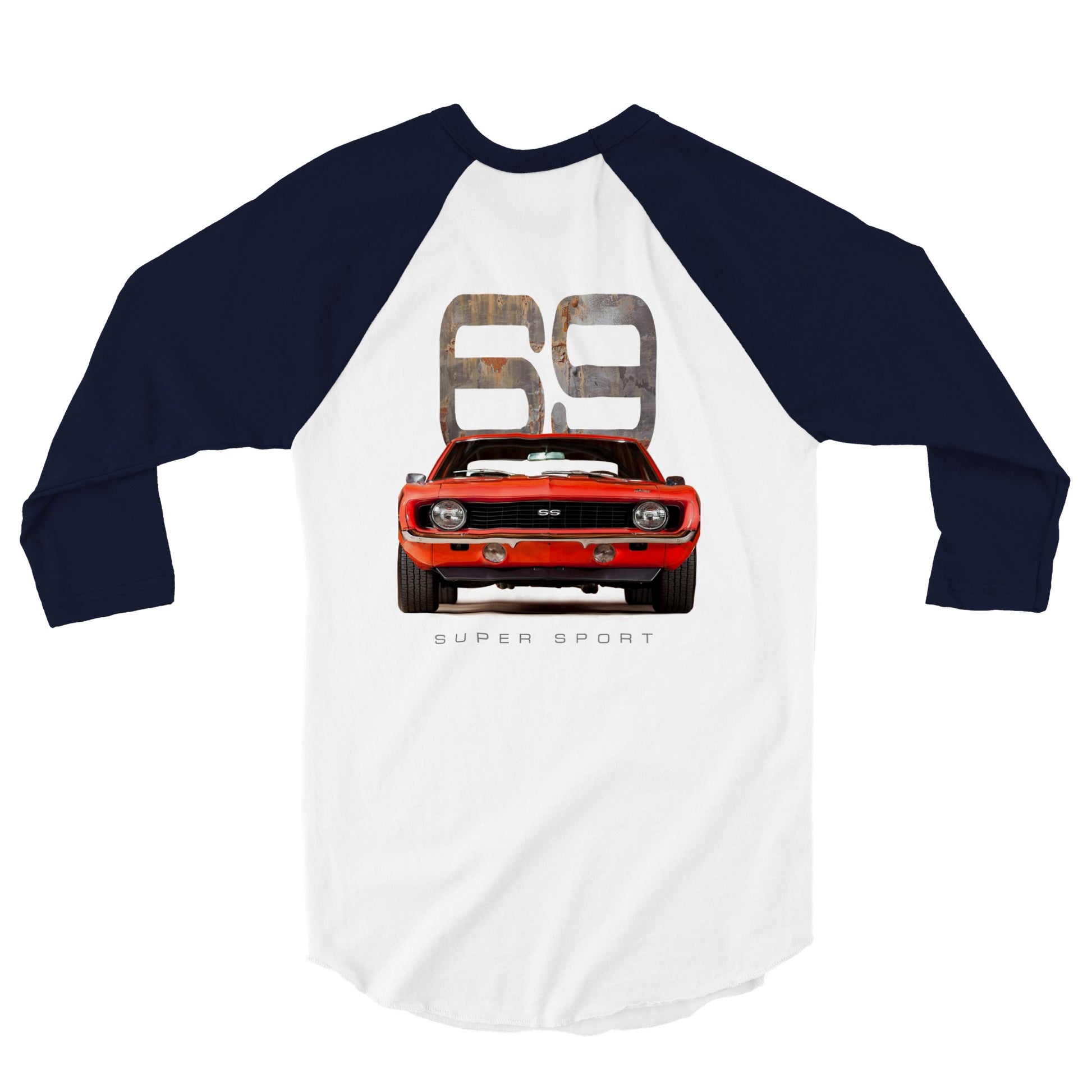 Classic Orange 69 Camaro Super Sport - Back Print - 3/4 sleeve Raglan T-shirt - Mister Snarky's